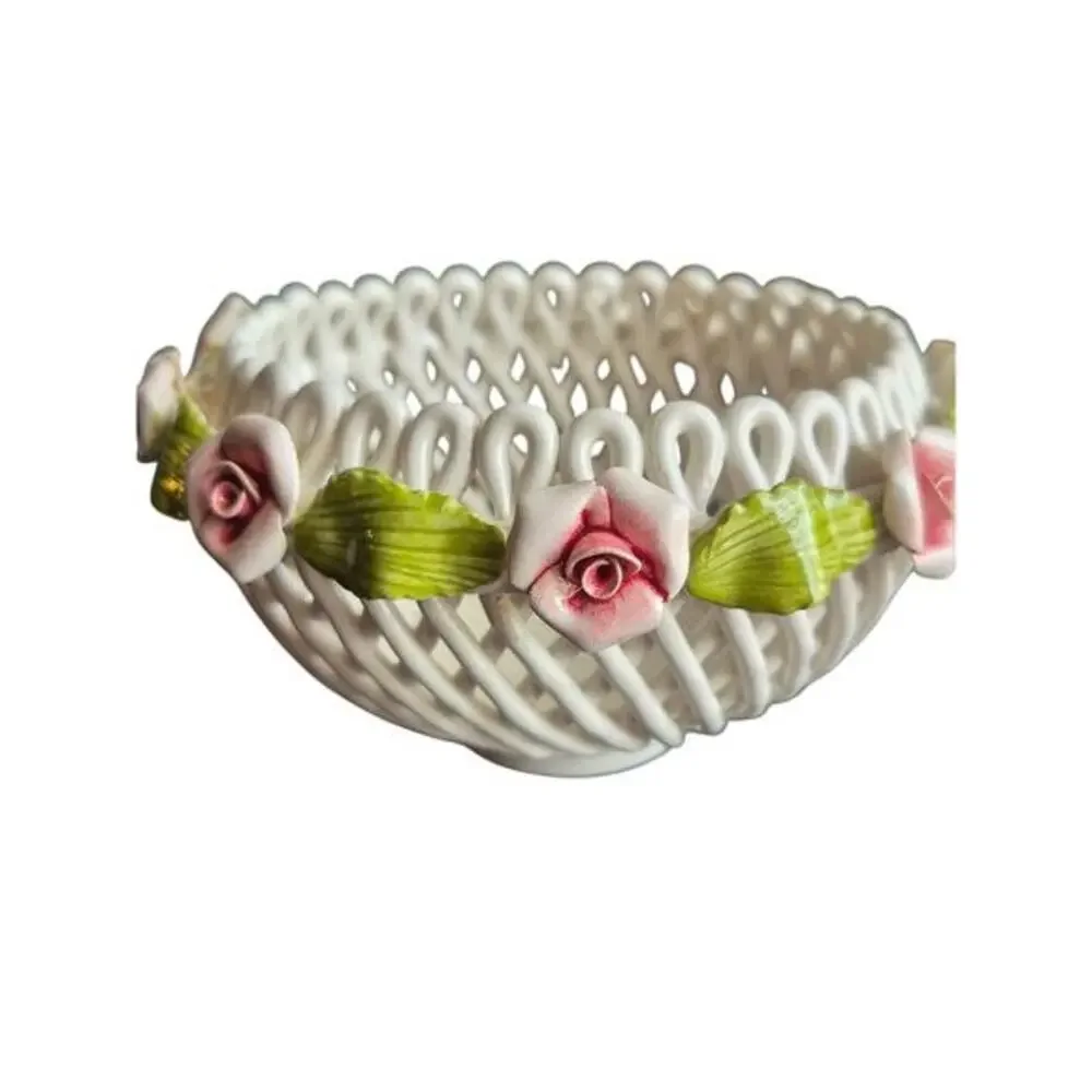 Vintage White Porcelain Lattice Bowl Pink Roses Signed Acer Italy Trinket Candy‎